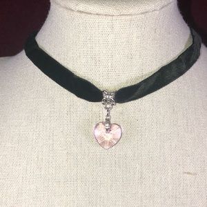 Velvet and pink heart crystal choker